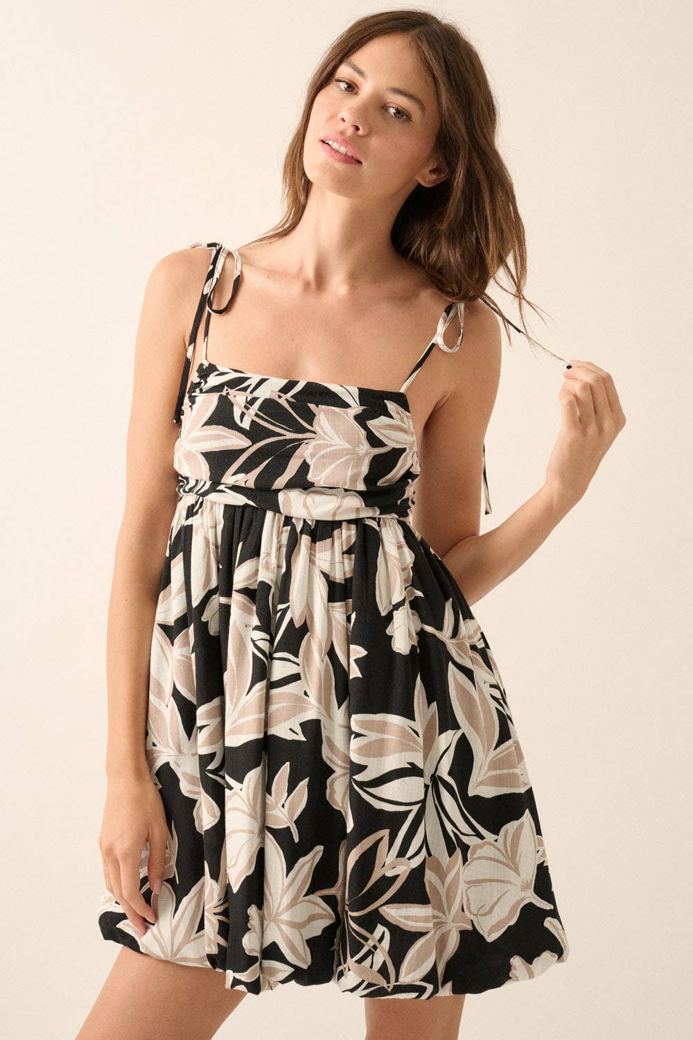 mini dress tropical Promesa Tropical Babydoll Bubble Mini Dress, Black / S
