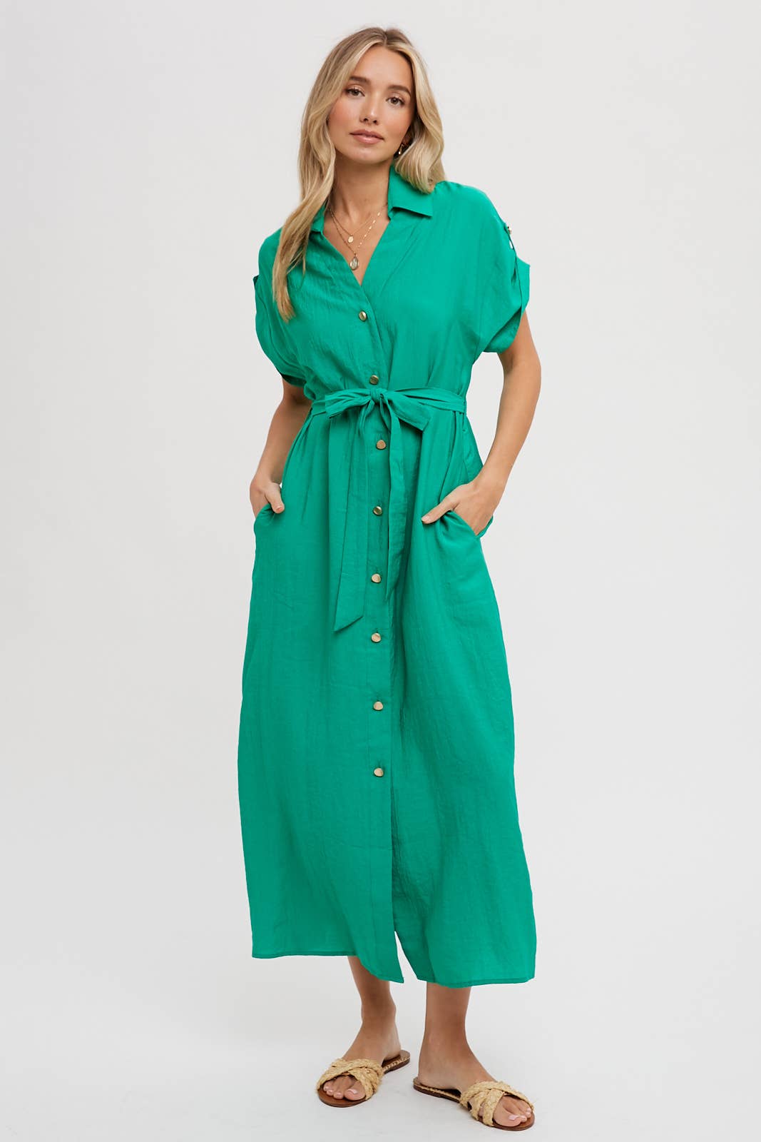 Roll-Tab Sleeve Belted Shirt Dress, ASH / L