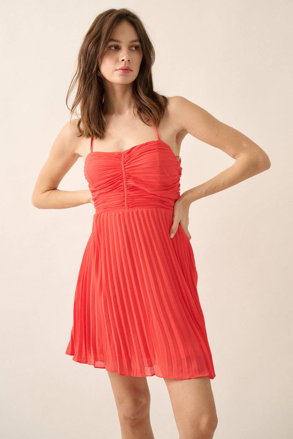 Promesa Solid Halter Neck Pleated Mini Dress, Cherry Tomato / L