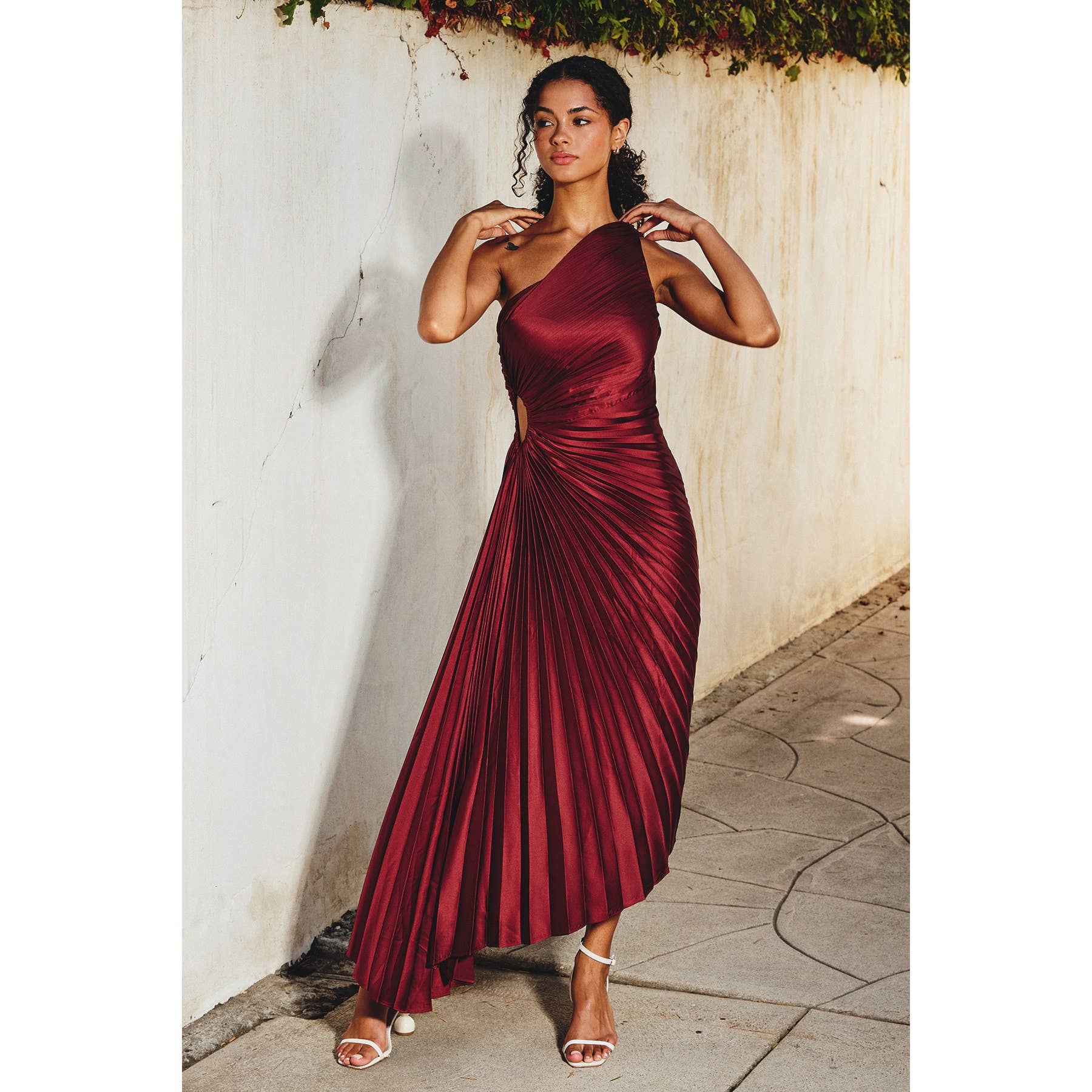 Olympia Asymmetrical Pleated Maxi Dress, Merlot / L Olympia Asymmetrical Pleated Maxi Dress, Merlot / L
