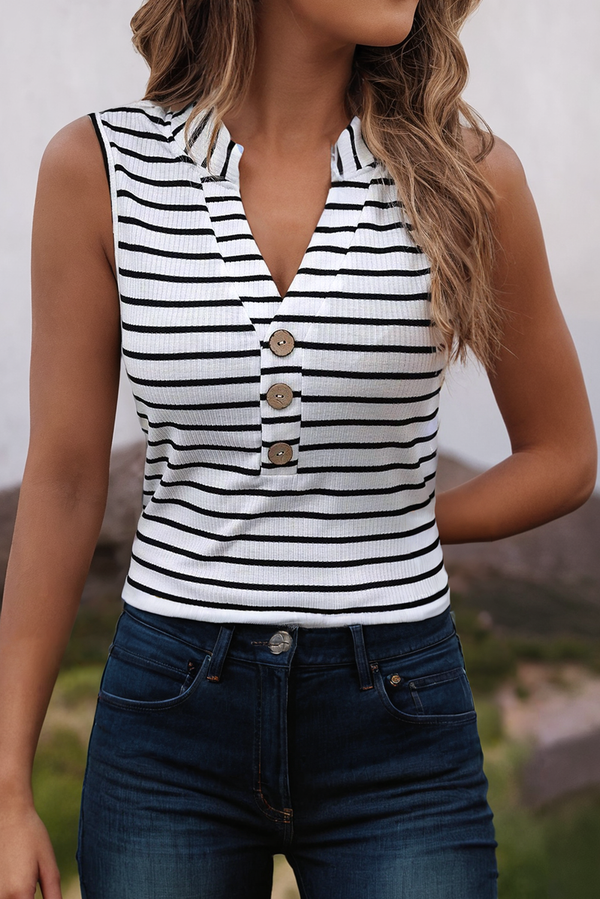 Striped V Neck Buttoned Tank Top
