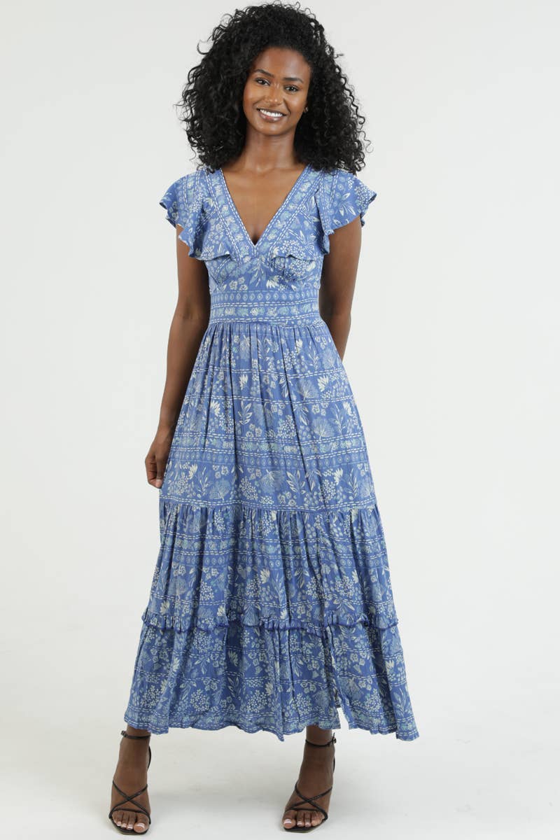 Angie Floral Ruffle Sleeve Dress, Blue / L
