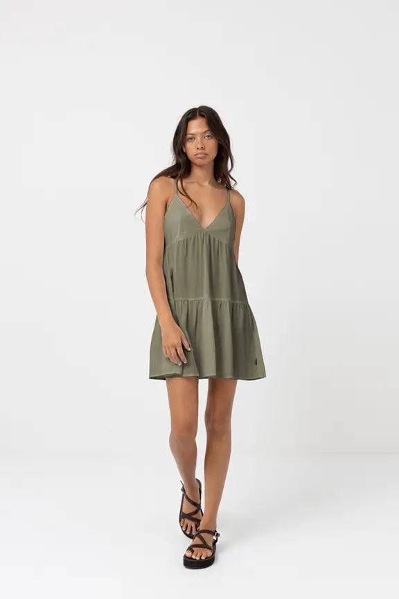 Rhythm Classic Tiered Mini Dress (Olive) Medium Rhythm Classic Tiered Mini Dress (Olive) Medium
