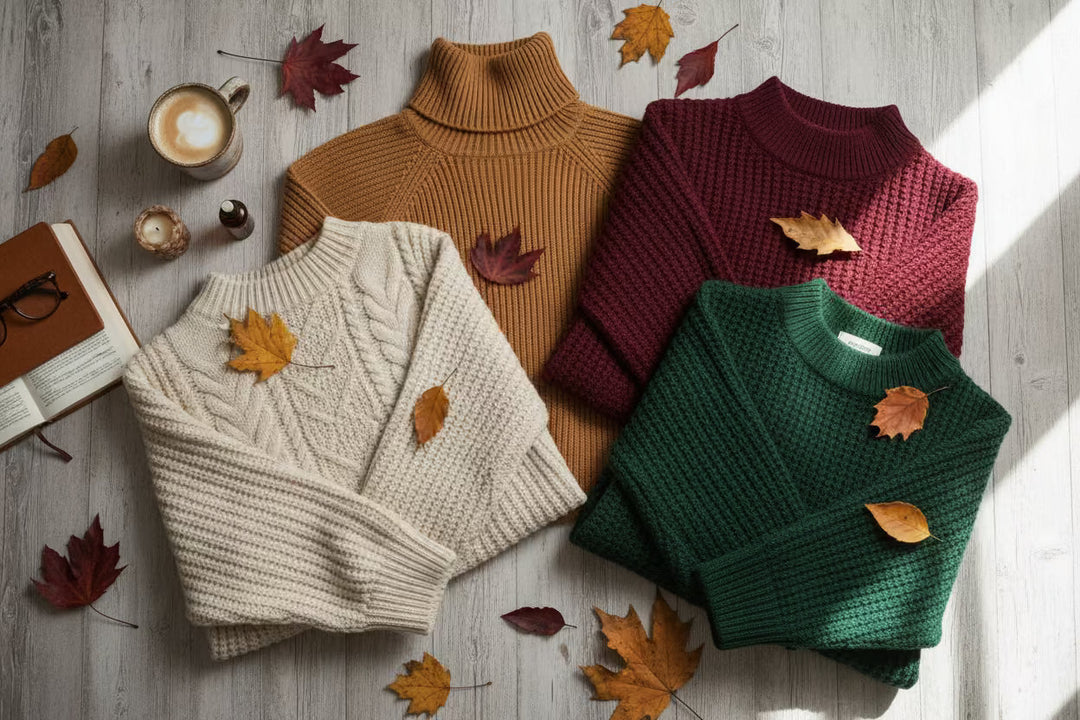 Cozy women's fall sweaters in autumn colors including chunky knits and cardigans