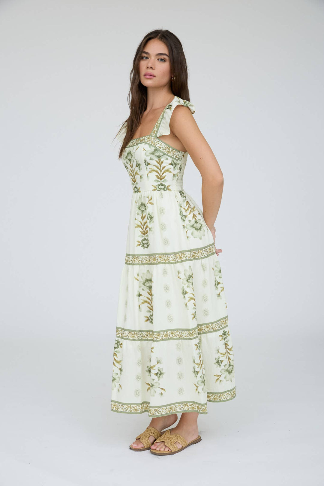 Blu Pepper Abstract Floral Ruffle Strap Tiered Midi Dress in Olive side
