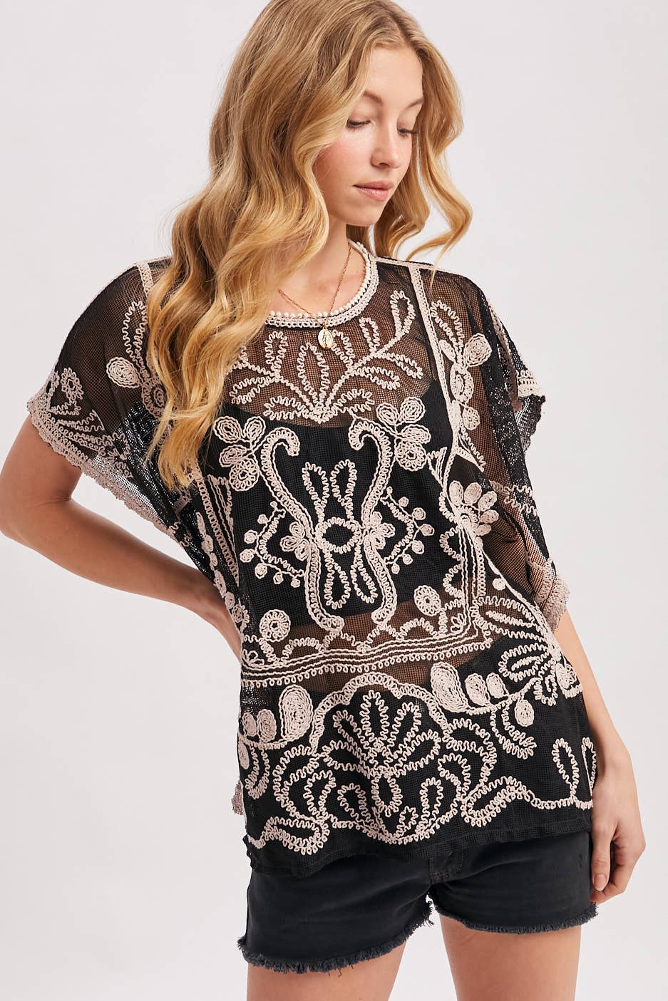 Mesh Embroidered Crochet Top black 2