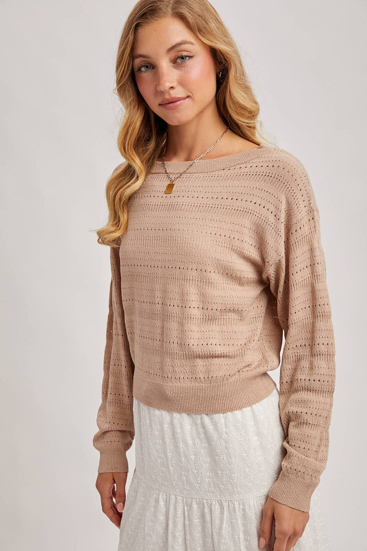 Bluivy Open Knit Long Sleeve Pullover Top in Latte 23