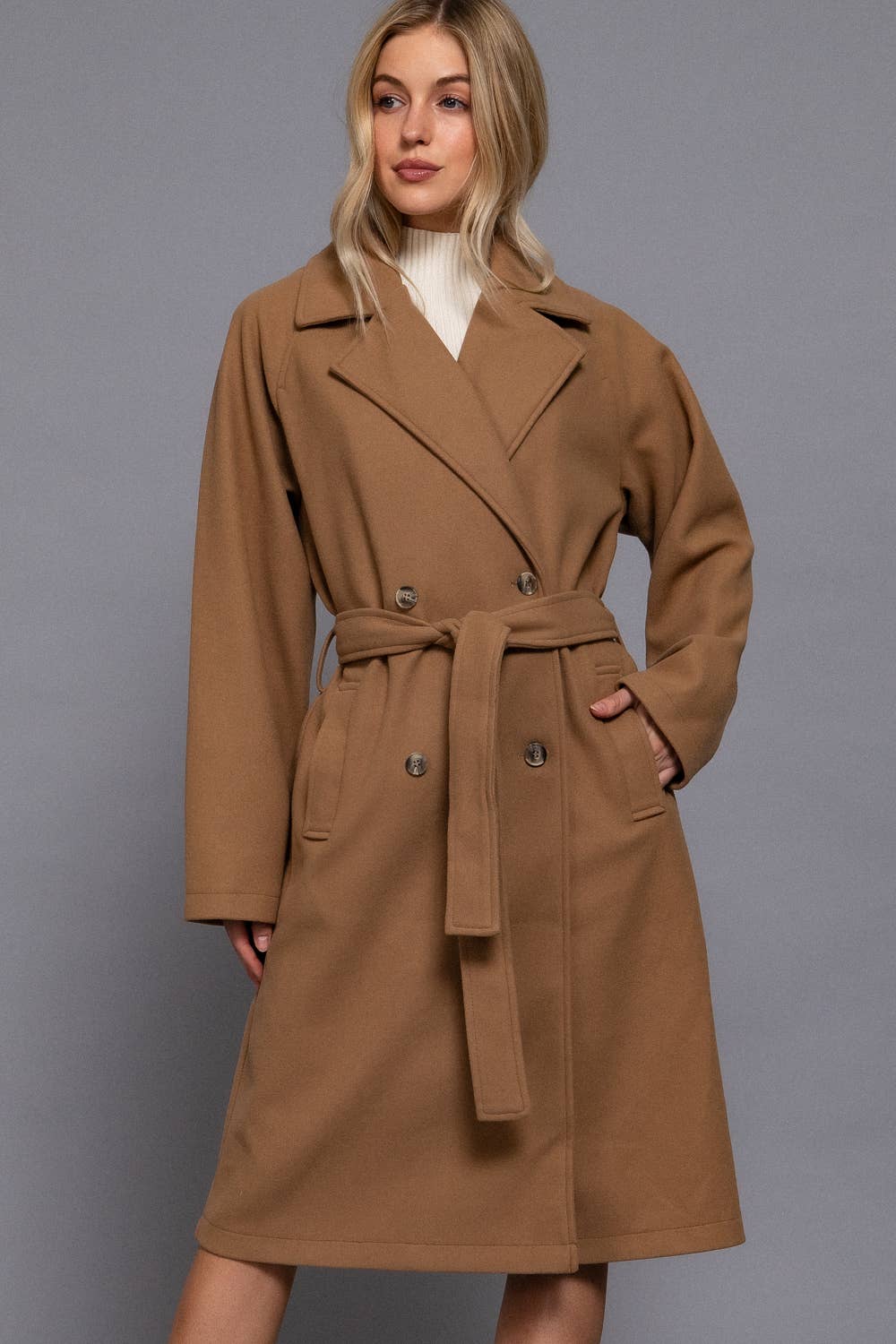 Active Basic | Active USA - Long Sleeve Double Breasted Button Soft Felt Trench Coat in Camel