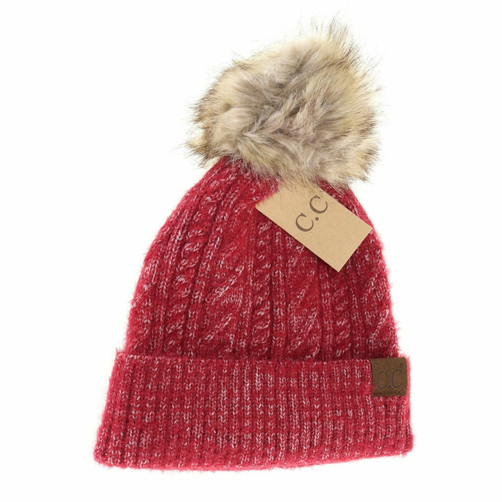 Soft Cuff Cable Knit Fur Pom C.C Beanie Crimson