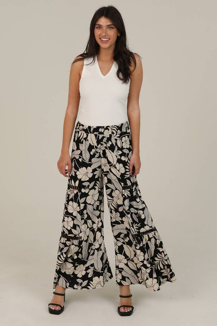 Angie Printed Wide Leg Pants with Lace Inserts in Black