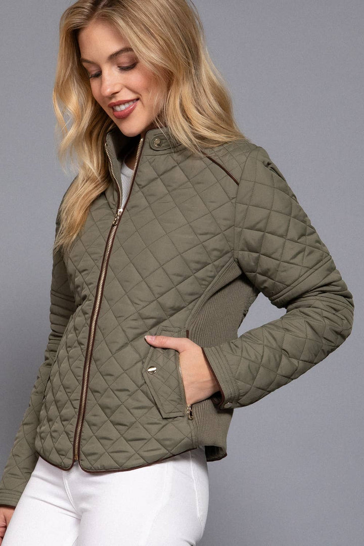 Active Basic - Suede Piping Detail Rib Quilted Padding Jacket in Olive