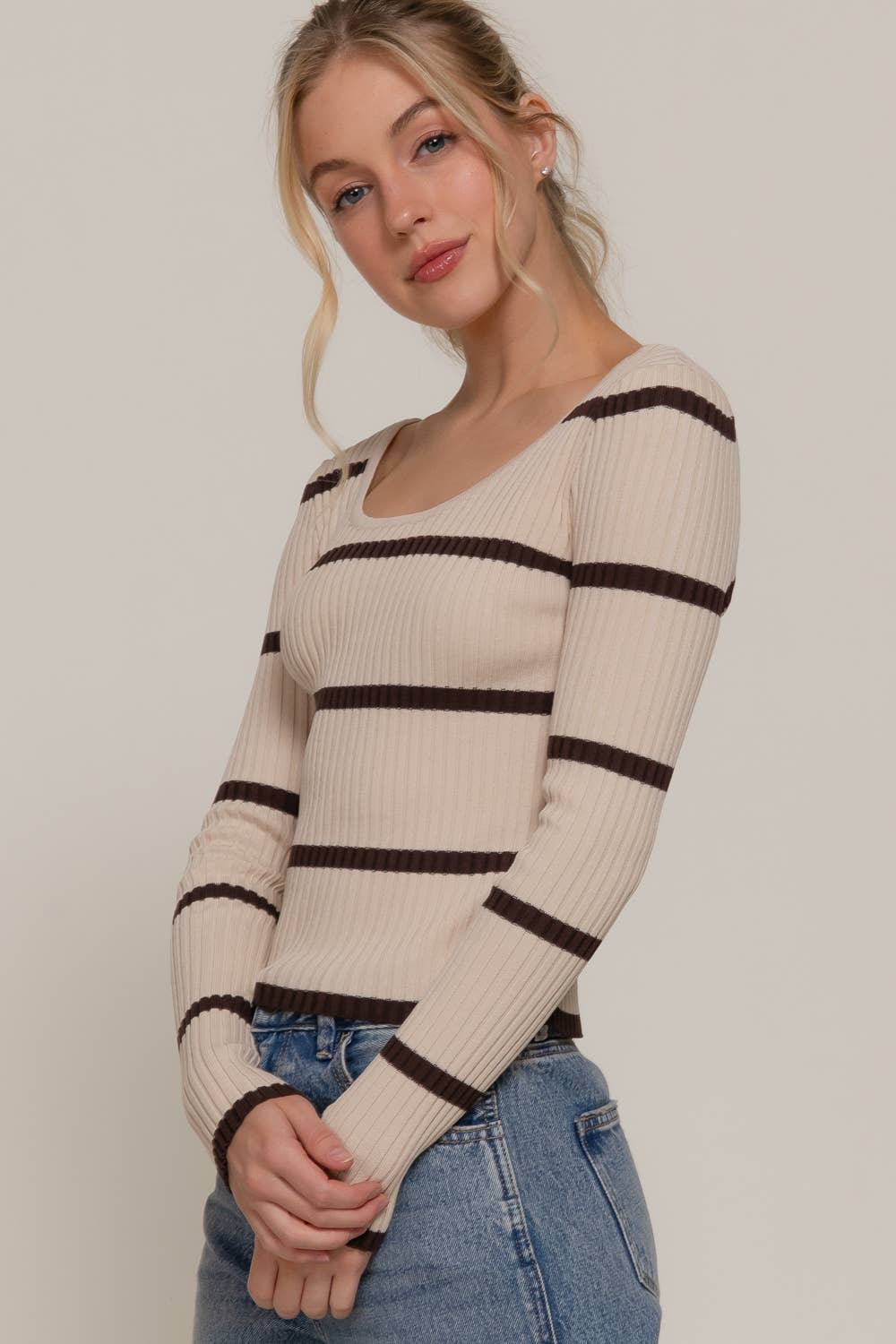 Double Scoop Neck Stripe Sweater Beige/Brown  1