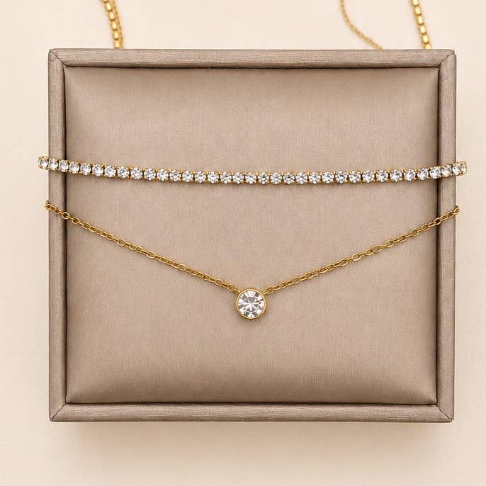 18K Gold Rhinestone &amp; Zircon Pendant Layered Necklace – Tarnish-Free | JOSSLYN 1
