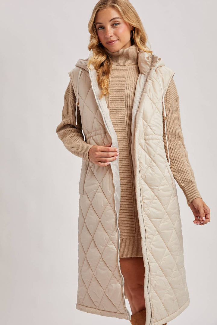 Diamond Quilt Puffer Hooded Vest beige1