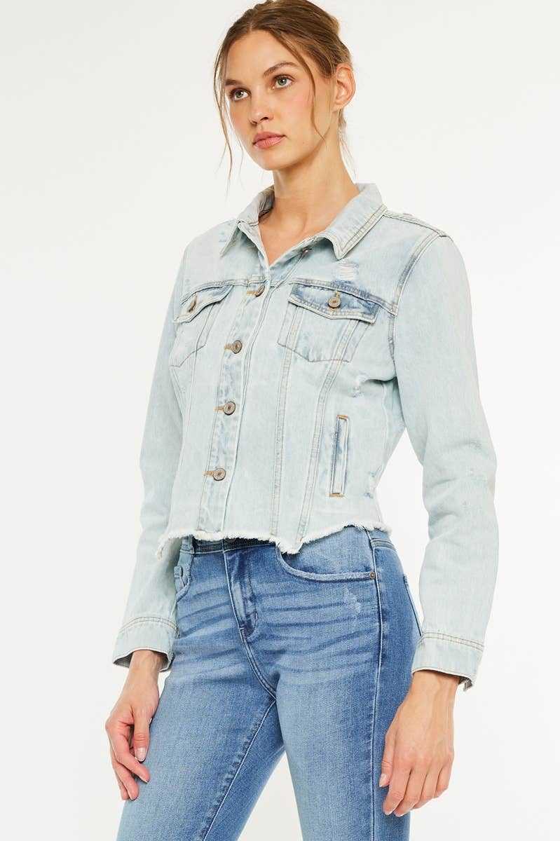 Kan Can USA Distressed Fray Hem Denim Jacket in Light Wash 3