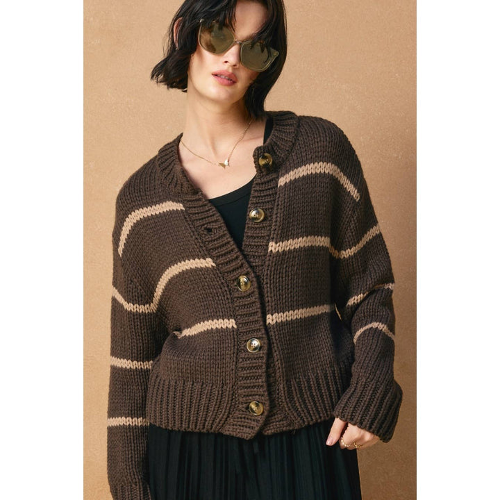 Dress Forum - Fluffy Striped Button Down Cardigan Cacao Bean/Taupe 2