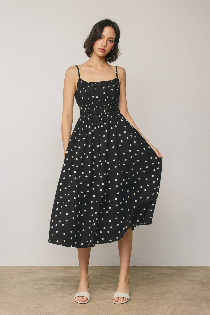 Dress Forum - Sunday Dot Shirred Waist Sleeveless Dress in Black 4