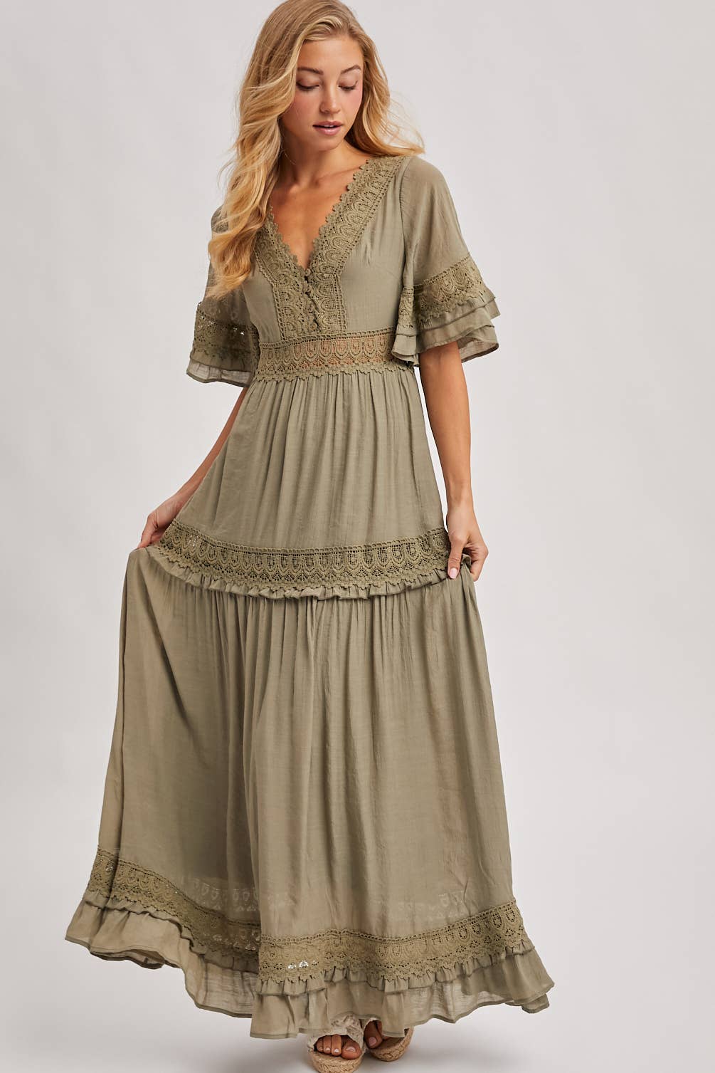 V-Neck Lace Trim Maxi Dress olive 1