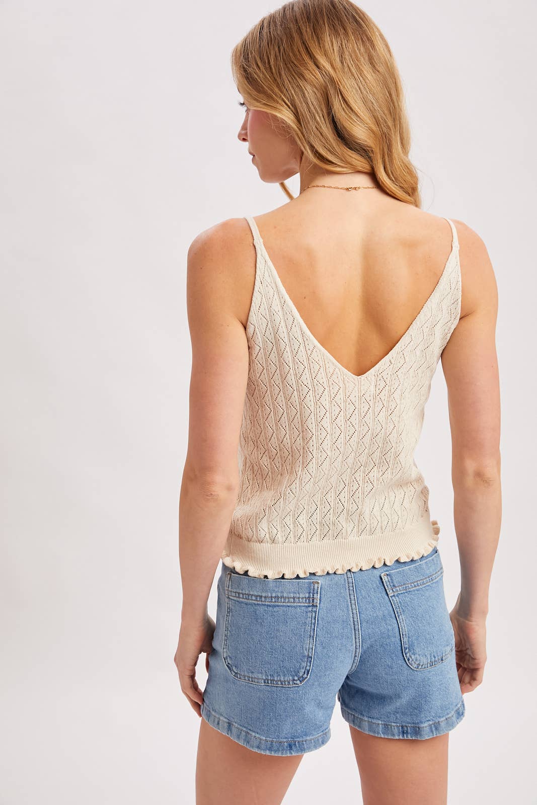 Bluivy Pointelle Knit Ruffled Hem Cami - Natural