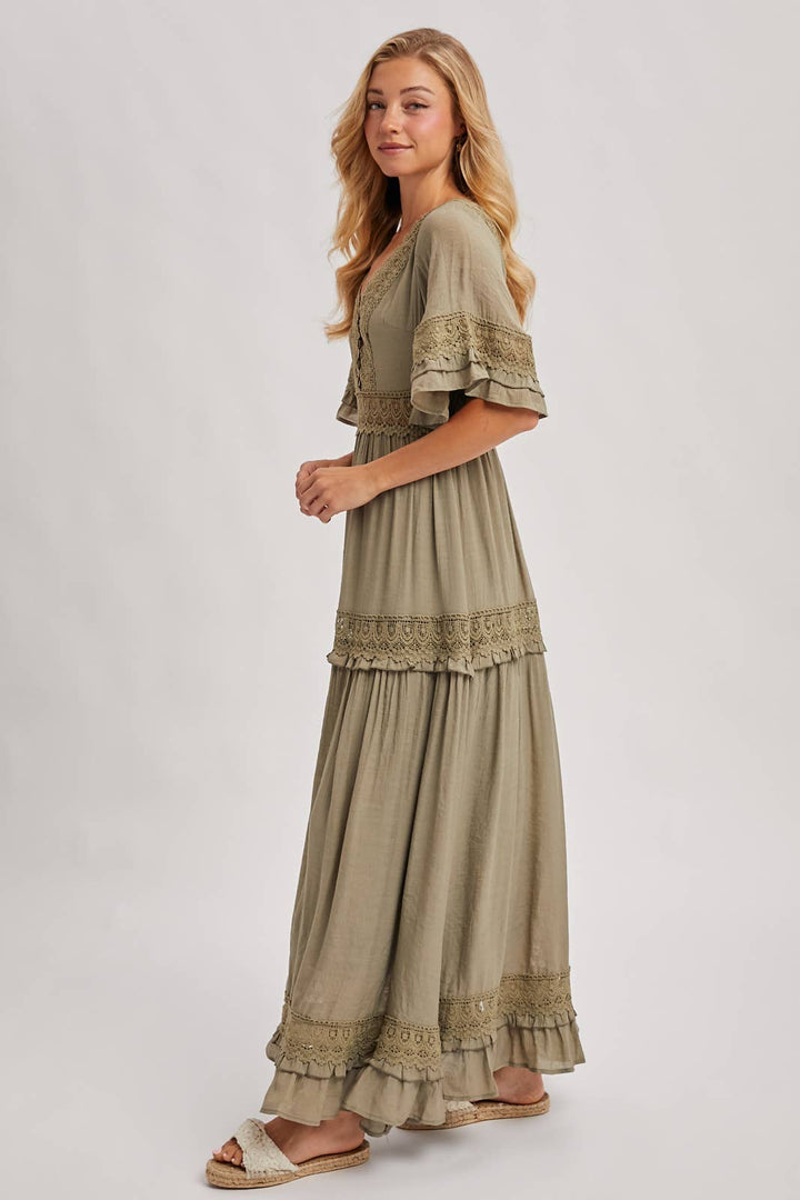 V-Neck Lace Trim Maxi Dress olive 3