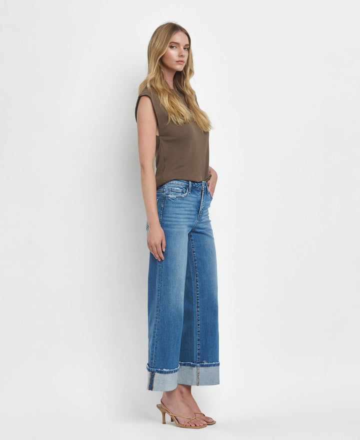 Flying Monkey High Rise Medium Wash Cuffed Wide Jeans in Moorland 5