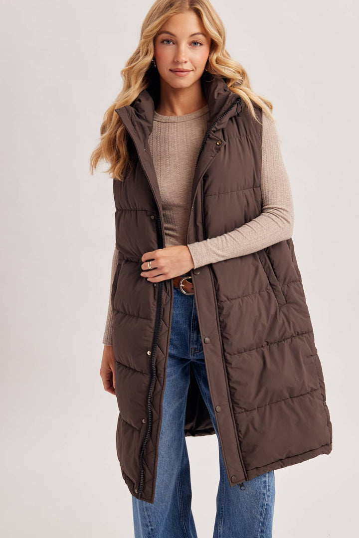 Bluivy Detachable Hood Longline Quilted Puffer Vest in Ash Brown 2
