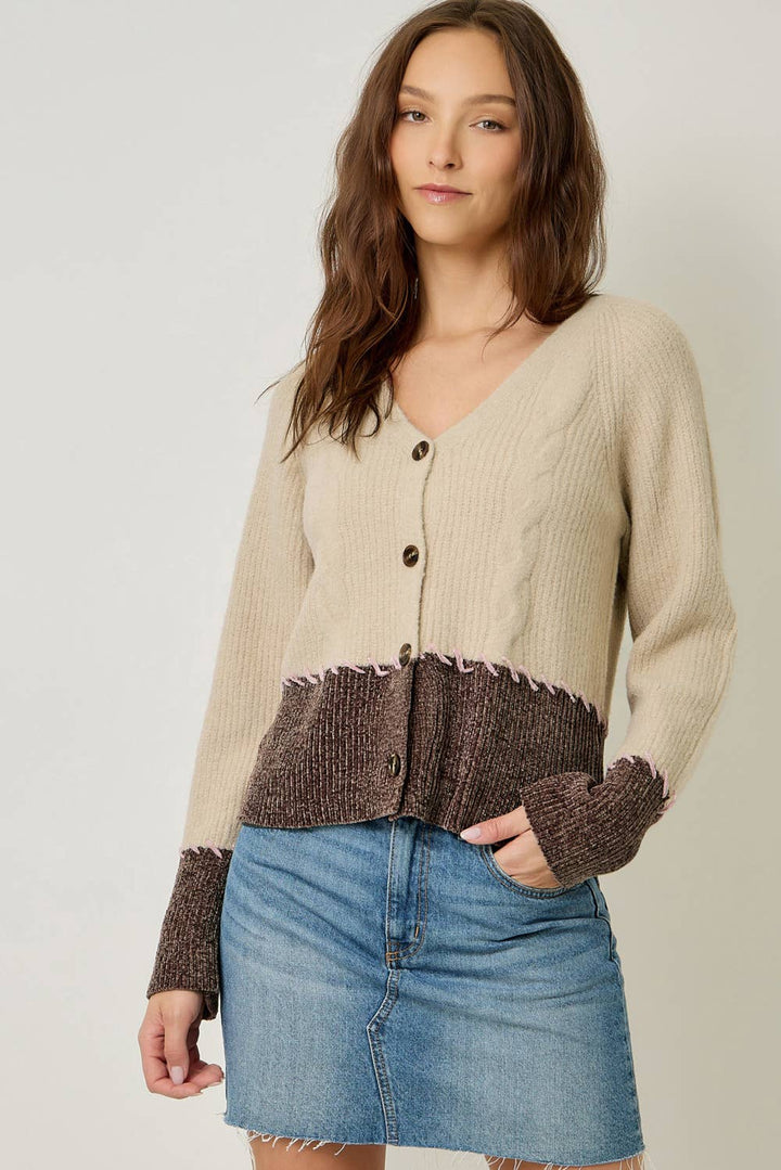 Mystree Whip-Stitch Cardigan - Oatmeal/Chocolate