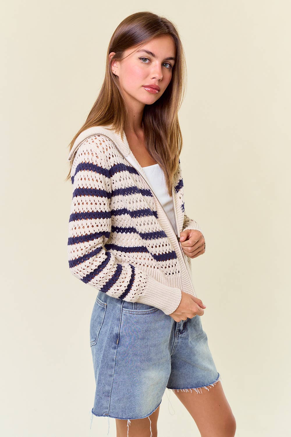 Zip-Up Striped Pointelle Open Knit Sweater Jacket3