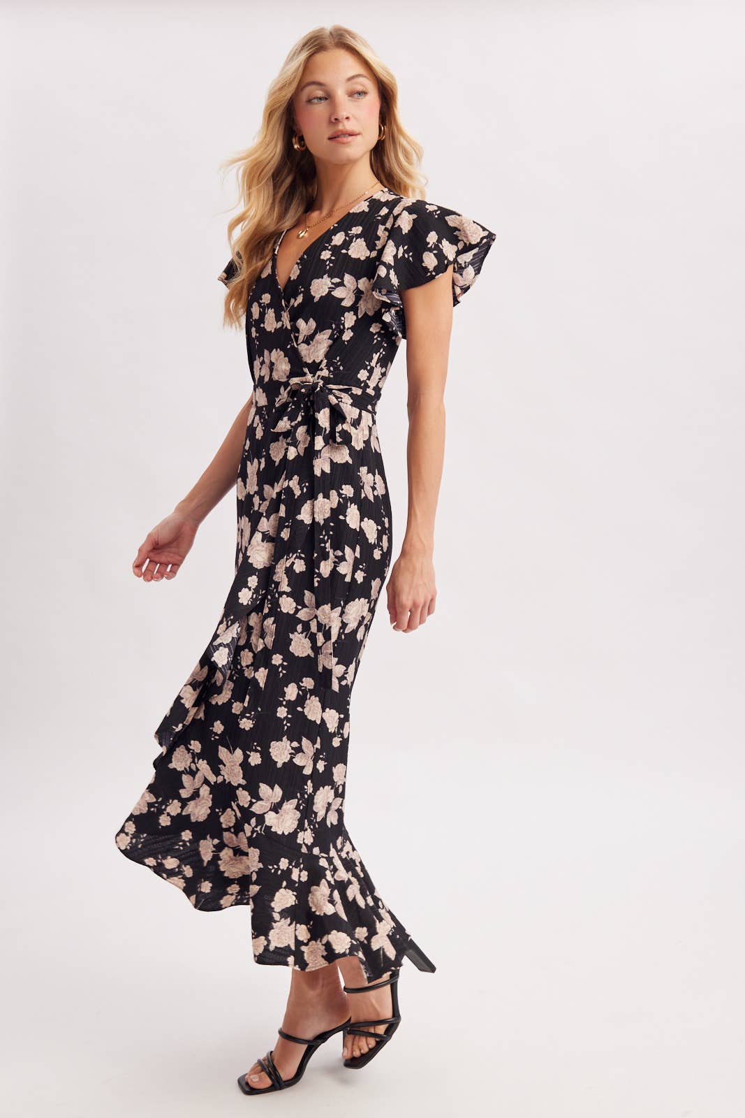 Bluivy Floral Ruffle Wrap Midi Dress in Black 66