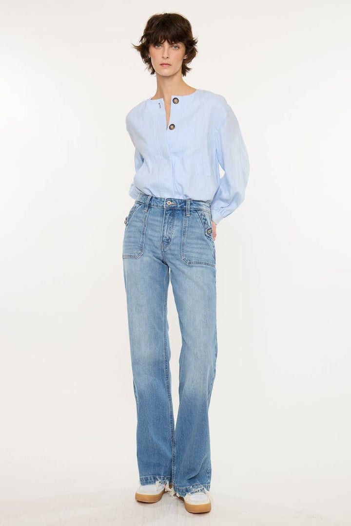 Kan Can USA High Rise Wide Flare Jeans in Medium Wash 1