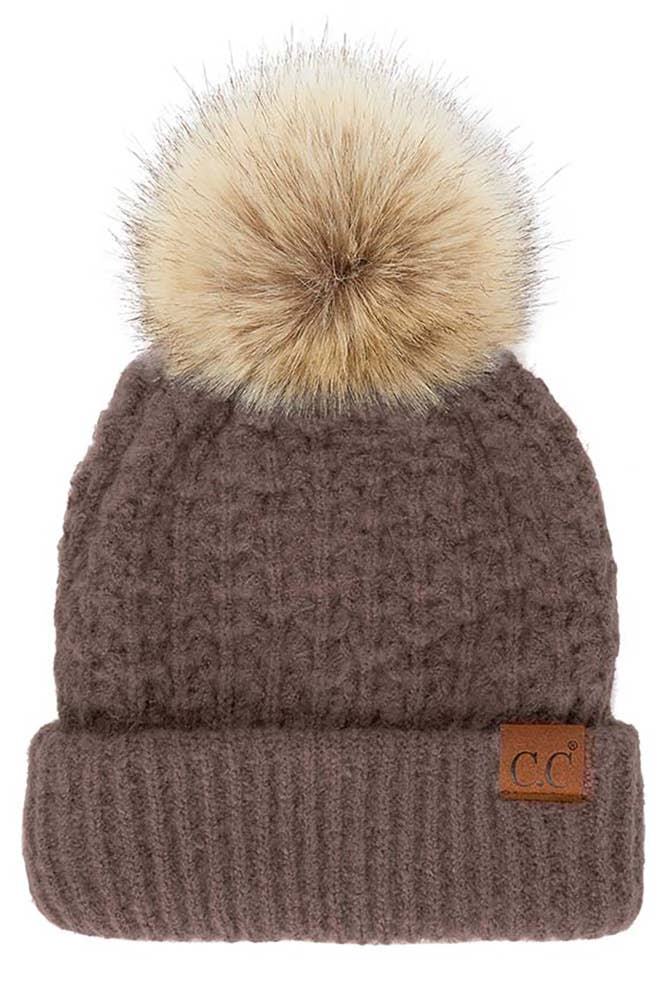 Hana - C.C. Smocking-Stitch Cuffed Pom Beanie in Earth Gray