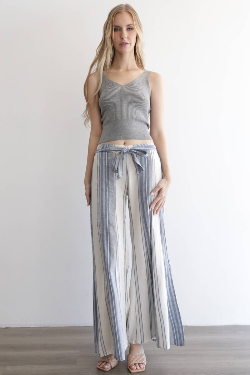 Angie Mixed Stripes Flare Leg Tie Waist Pants in Blue 1