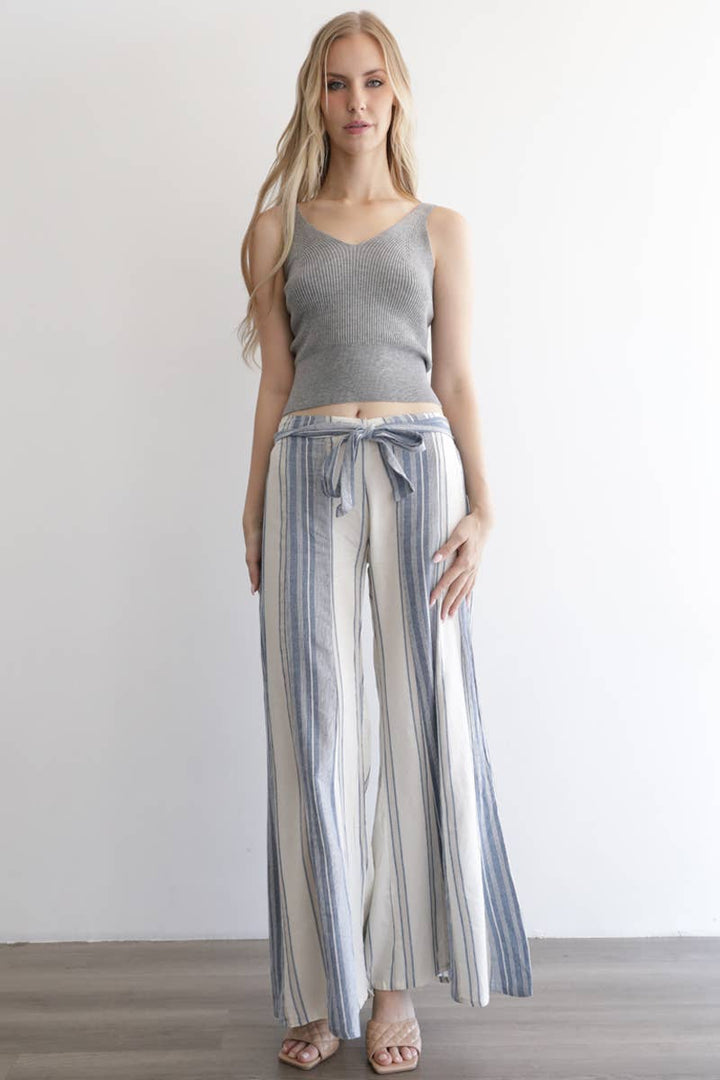 Angie Mixed Stripes Flare Leg Tie Waist Pants in Blue 1