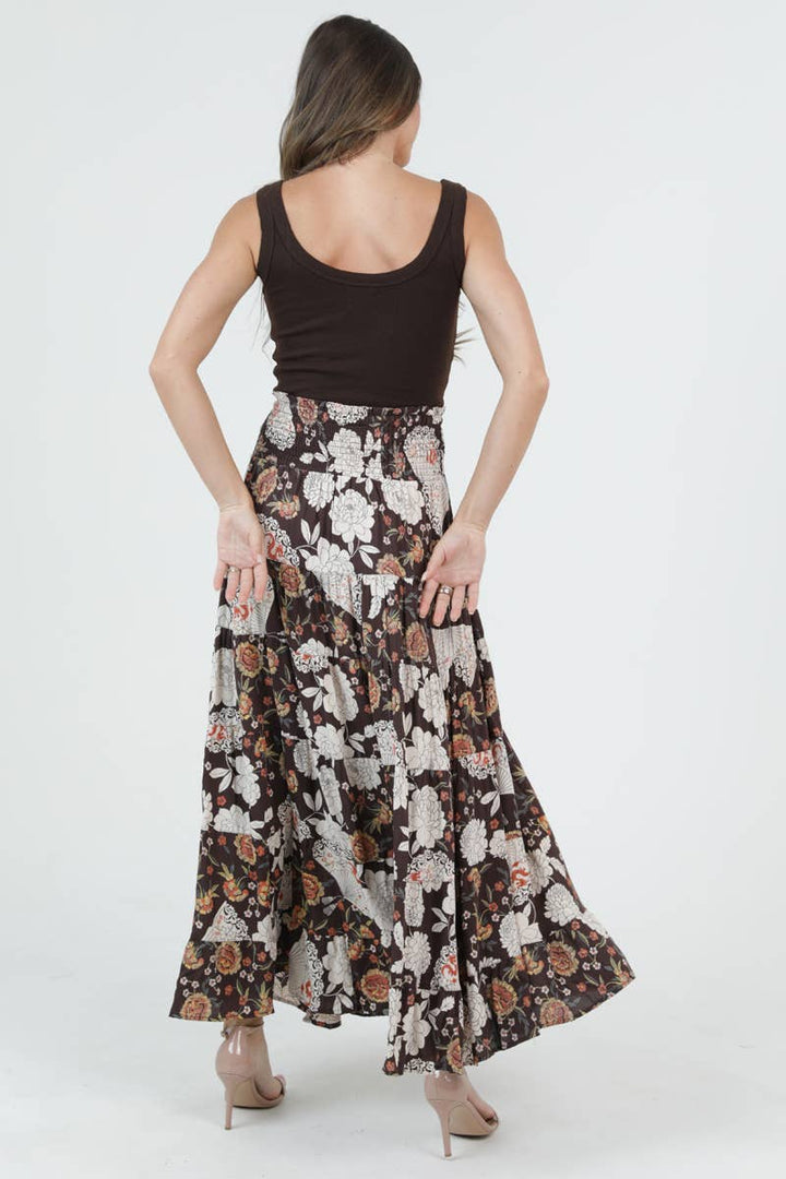 Angie Tiered Maxi Skirt with Smocked Waistband in Espresso back 1