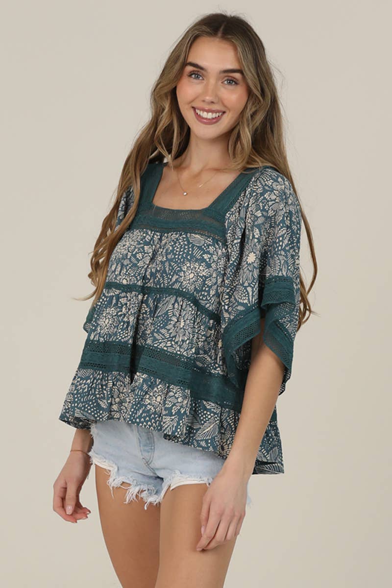 Angie Lace Trim Printed Wide Sleeve Blouse in Blue 1