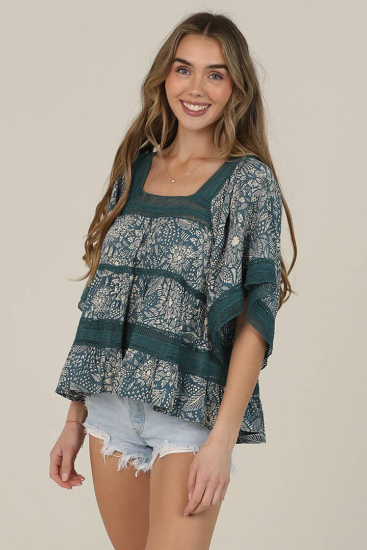 Angie Lace Trim Printed Wide Sleeve Blouse in Blue 1