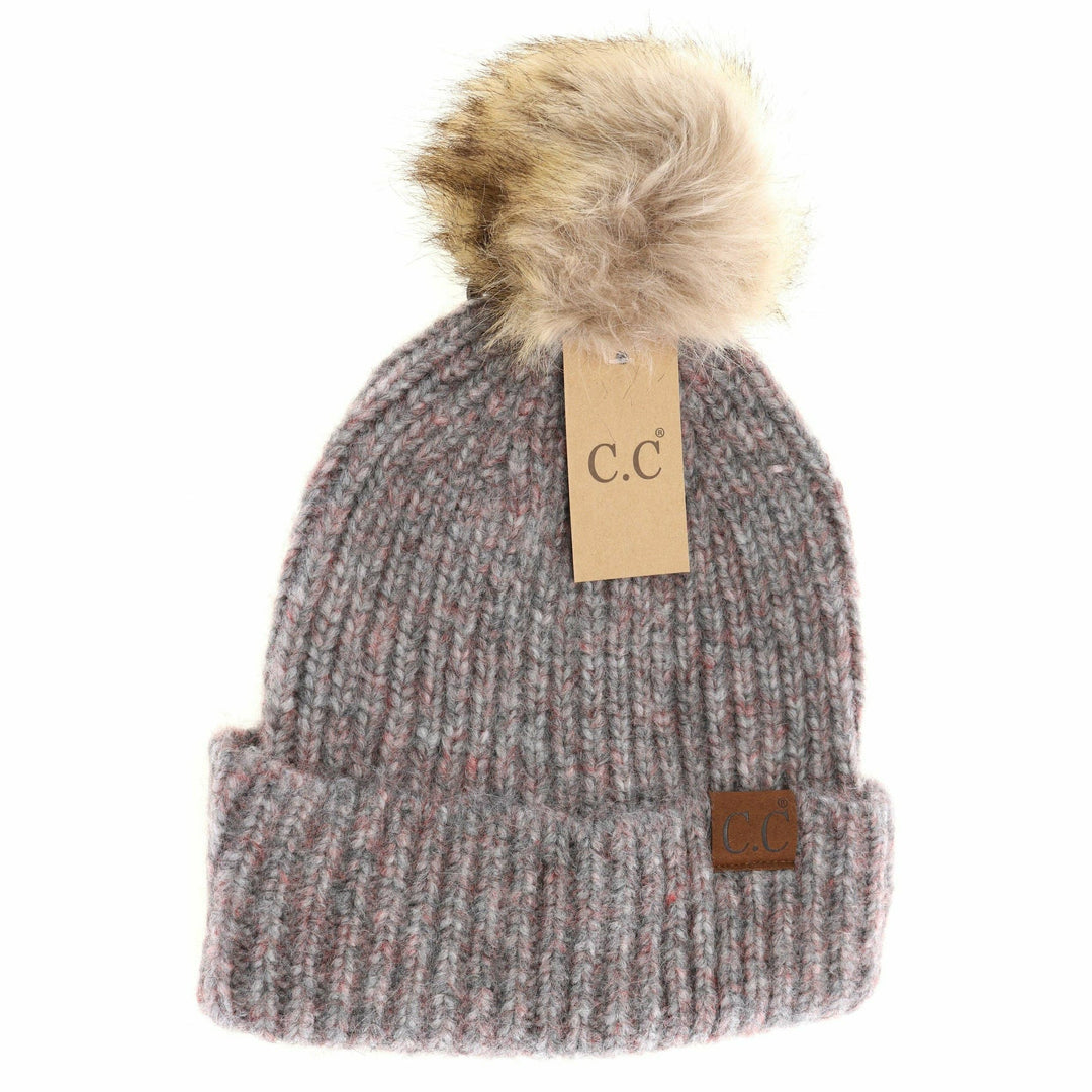 Soft Ribbed Fur Pom C.C Beanie Dk. Grey Multi