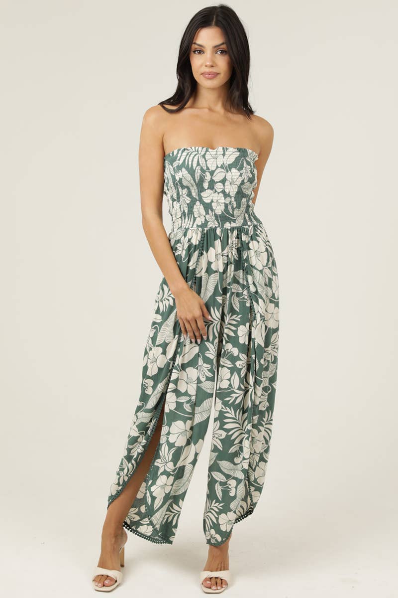 Angie Smocked Bodice Wrap Leg Jumpsuit in Green
