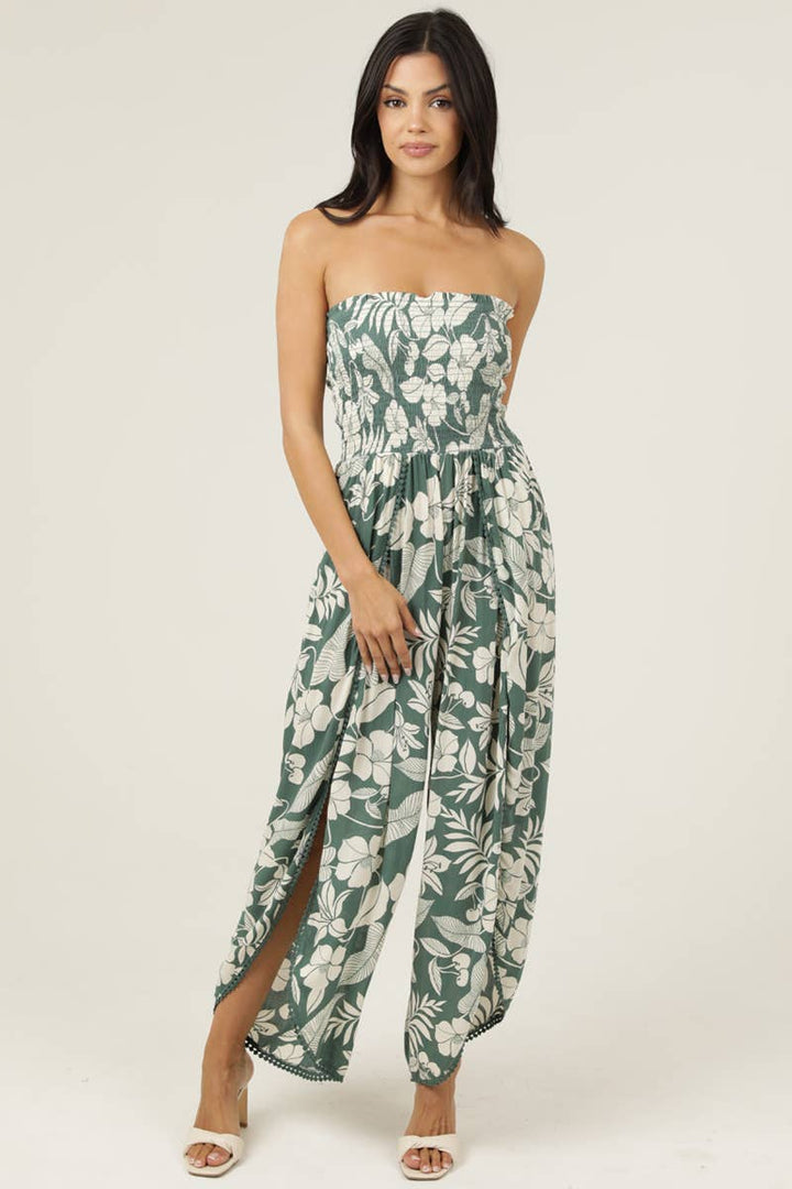 Angie Smocked Bodice Wrap Leg Jumpsuit in Green
