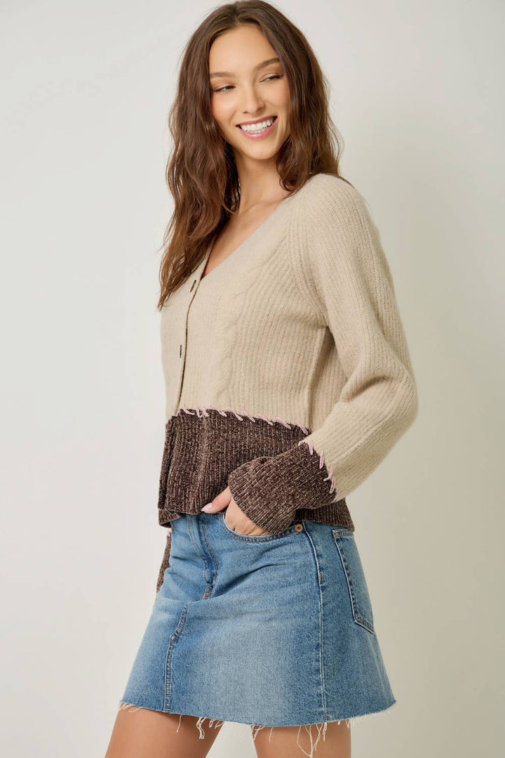 Mystree Whip-Stitch Cardigan - Oatmeal/Chocolate 2