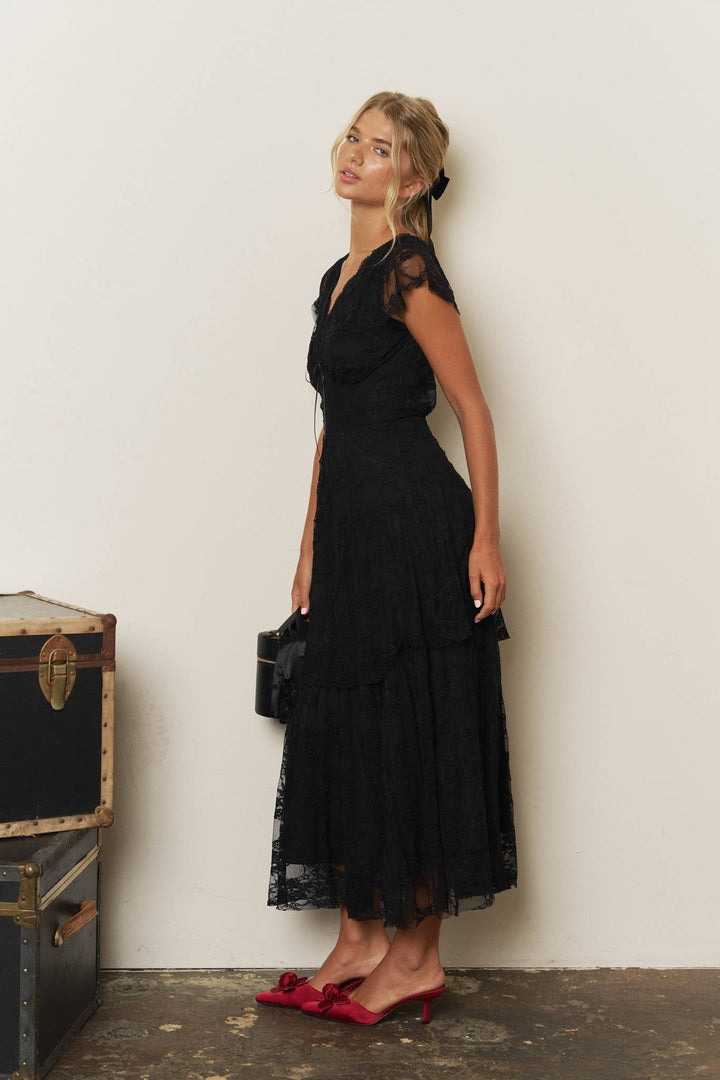 Blu Pepper - Black Tiered Lace V-Neck Midi Dress 5