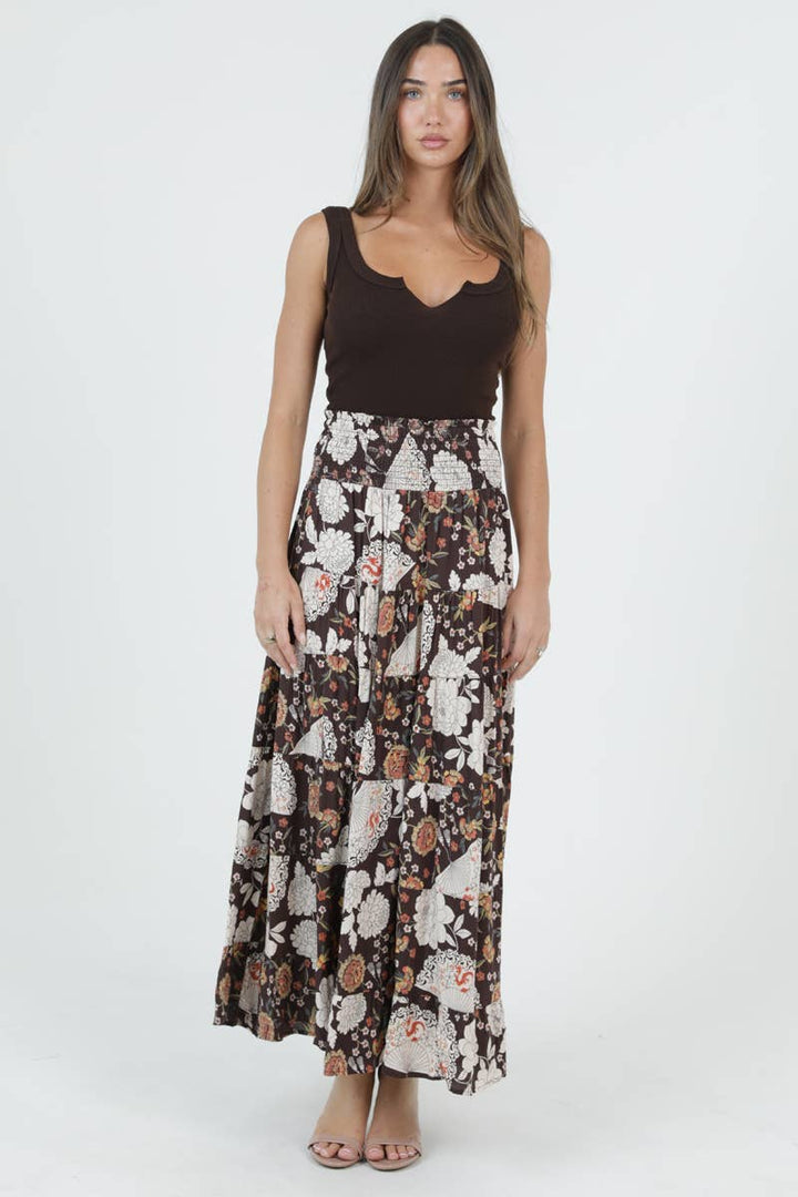 Angie Tiered Maxi Skirt with Smocked Waistband in Espresso