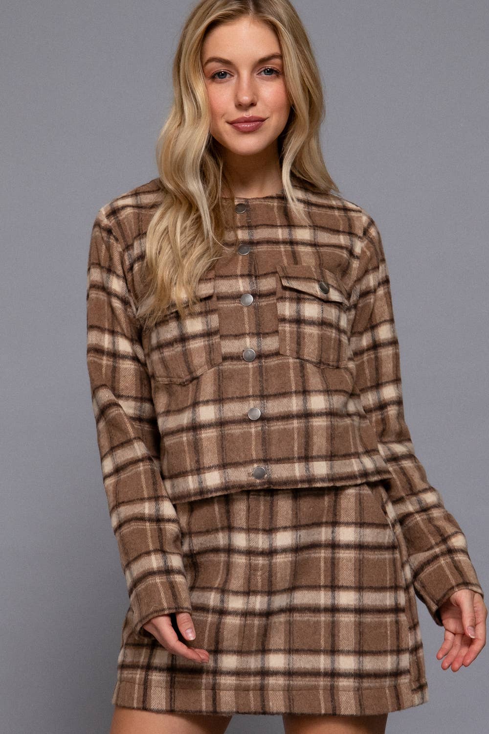 Round Neck Brushed Plaid Jacket Khaki 2