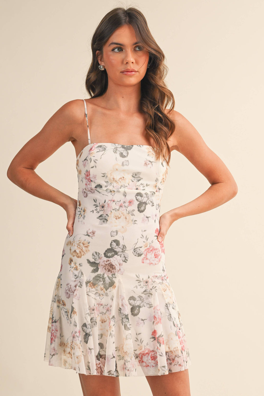 Klesis - Floral Godet Flare Mini Dress Cream