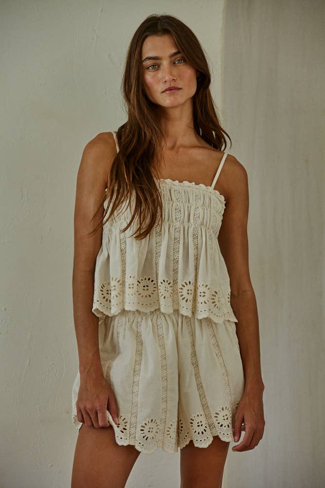 By Together - Woven Eyelet Tube Neck Spaghetti Strap Top Natural 3