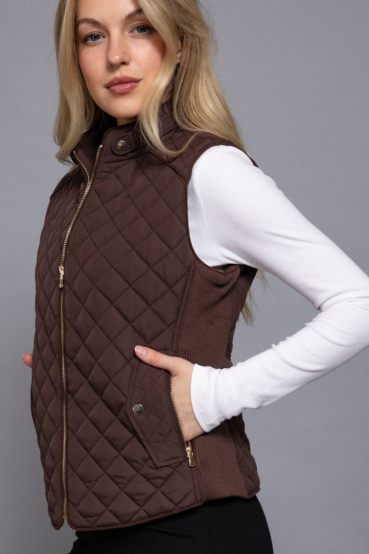 Active Basic - Suede Piping Detail Rib Quilted Padding Vest in Brown 2