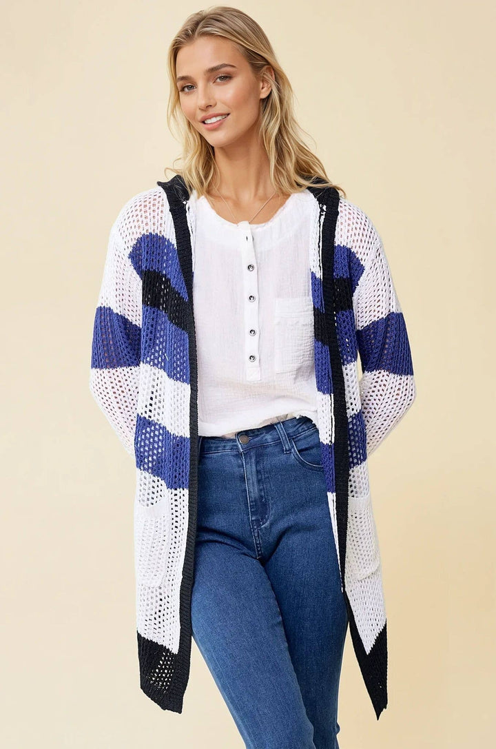 Doe and Rae Stripe Hoodie Cardigan in Navy/Black 2