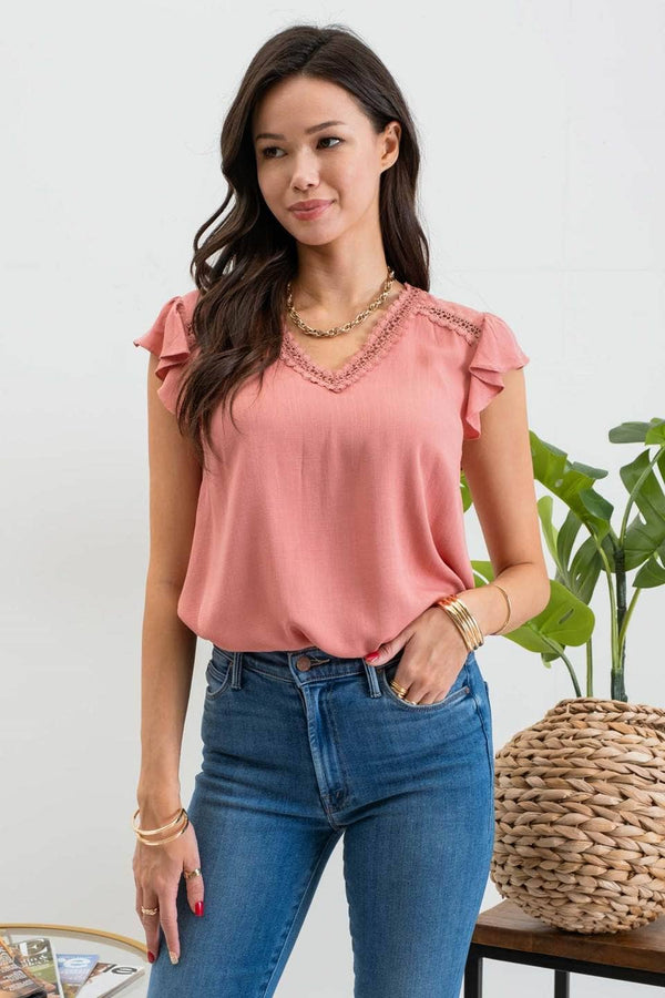 Scallop Lace Ruffle Sleeve Top