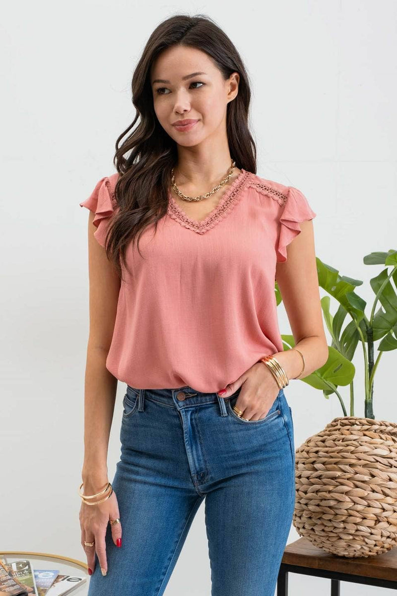 Scallop Lace Ruffle Sleeve Top