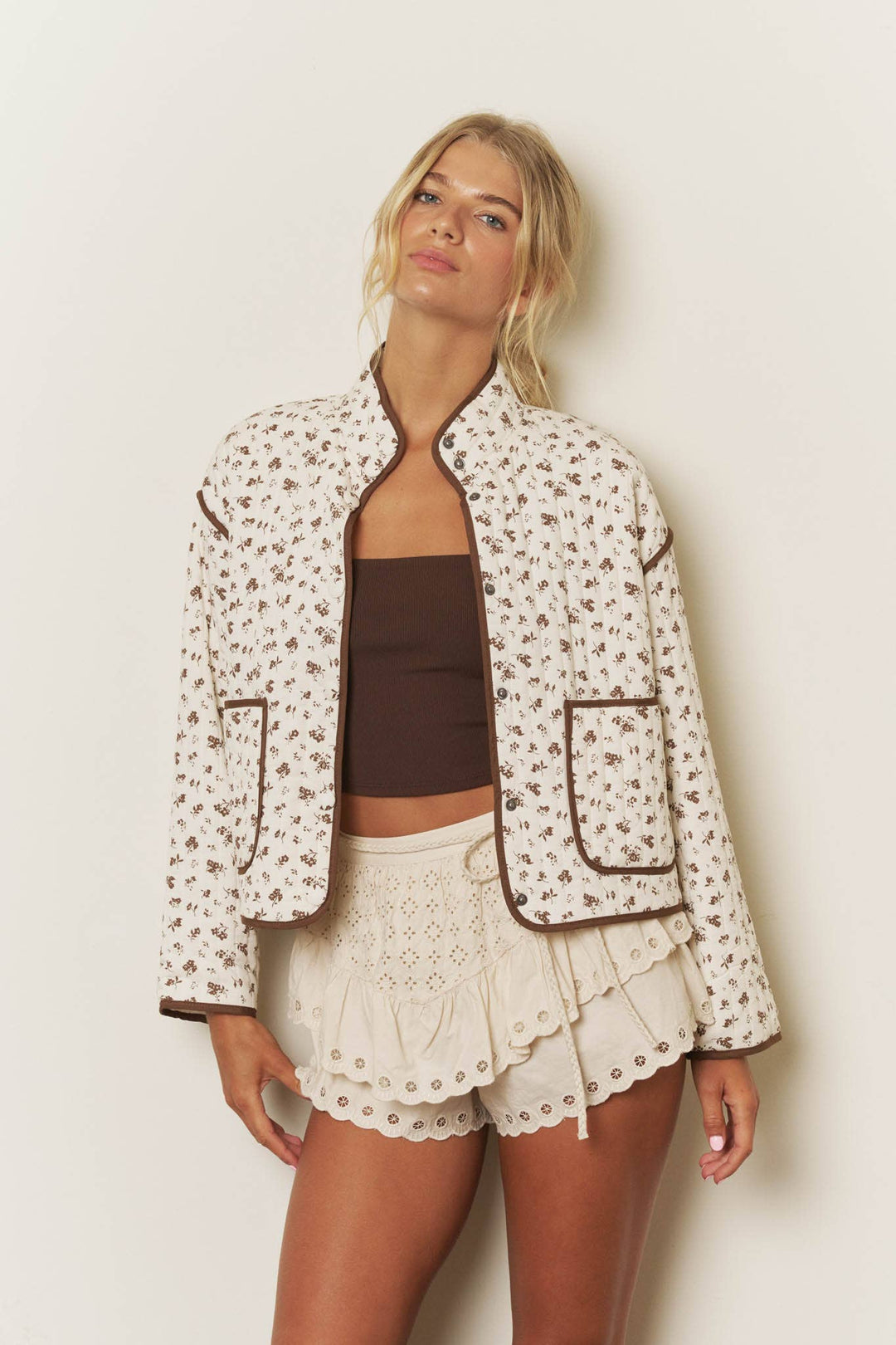 Blu Pepper - Cream Floral Cropped Quilted Jacket 3